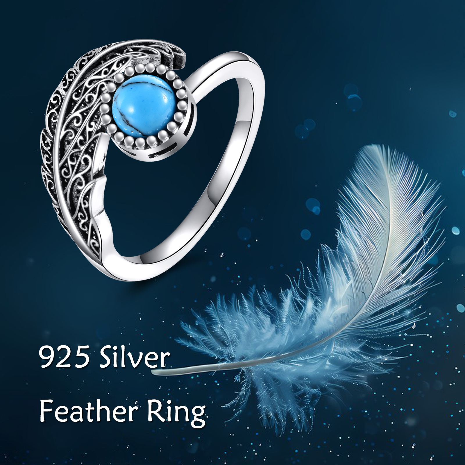 Feather Anxiety Fidget Rings 925 Sterling Silver Adjustable Turquoise Ring
